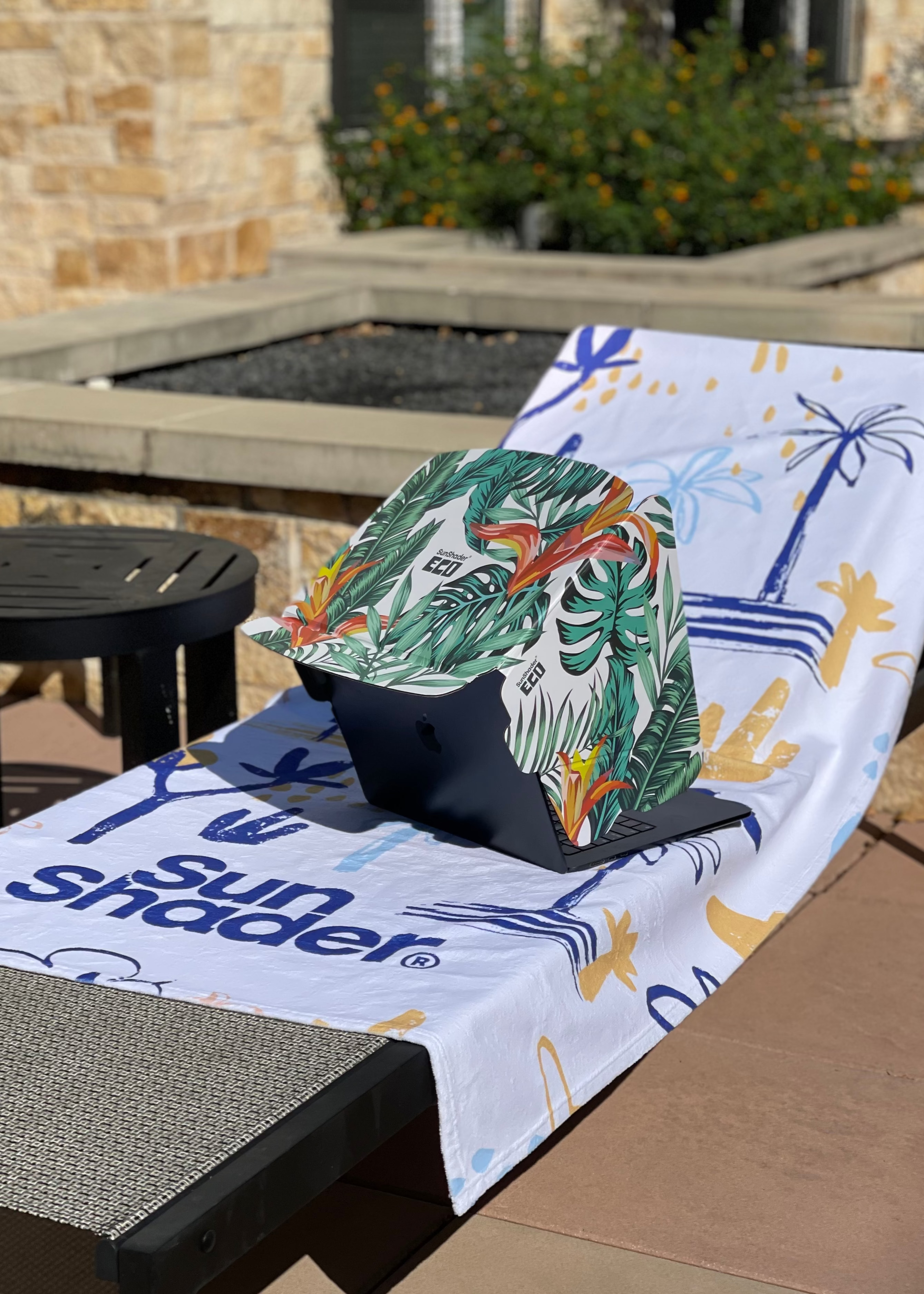 SunShader Pool & Beach Towel Cactus Summer Rain print with SunShader Eco laptop shade